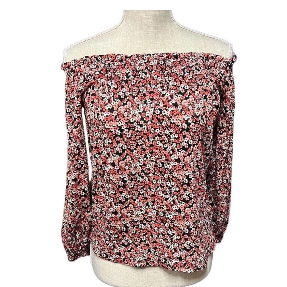 EUC Michael Kors Women’s Black Red Floral Off-Shoulder Top Blouse - Size L - Picture 5 of 6